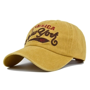 Vintage mustard yellow washed cotton baseball cap with New York America 3D embroidery