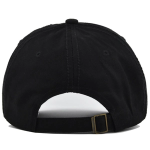 Rear view of black cotton baseball cap showing adjustable bronze metal buckle and strap