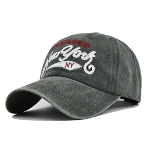 Close-up of vintage washed grey cotton baseball cap with high-quality New York 3D embroidery
