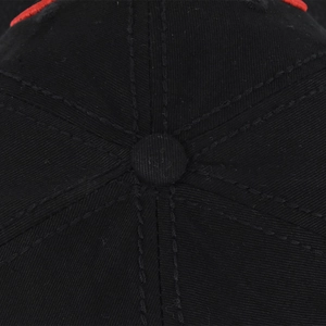 Macro shot of black cotton twill fabric texture and reinforced top button on baseball cap