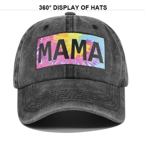 Detail van MAMA baseballpet van gewassen katoen in antraciet met tie-dye print patch