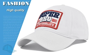 Close-up detail of high quality 3D embroidery on a white cotton twill baseball cap
