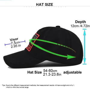 Detaillierte Größentabelle für 3D-bestickte Baseballkappe mit verstellbarem Umfang