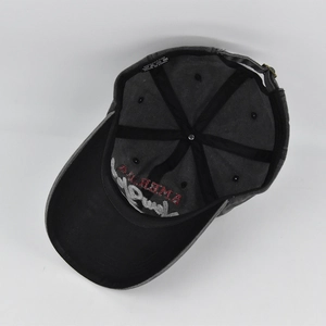 Detail of internal 100% cotton lining and adjustable metal buckle on dark grey baseball cap