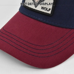 Detailaufnahme der Wolf-Patch-Stickerei und der Nähte an der zweifarbigen Baseballkappe