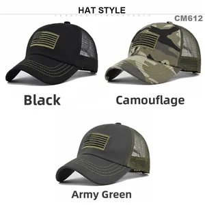 Tactical camouflage and mesh baseball caps with American flag patches in CM612 style