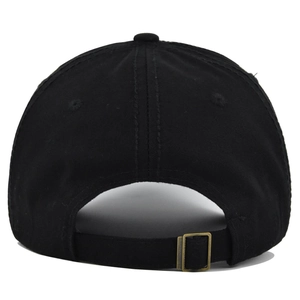 Detail view of the adjustable metal buckle and strap on back of black cotton baseball cap
