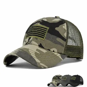 Tactical Baseball Cap Mesh Trucker Hat With US Flag Embroidery Patch Camouflage Sun Visor Outdoor Adjustable Fishing Hat