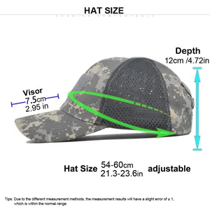 Size chart showing dimensions for adjustable digital camouflage tactical outdoor hat