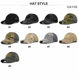 Grid view of nine tactical baseball caps in camouflage and solid colors with mesh back