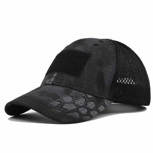 Macro detail of breathable mesh and tactical velcro patch on black python camo outdoor cap
