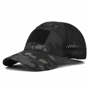 Close-up of tactical camo hat with breathable mesh back and front hook-and-loop panel