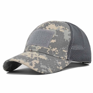 Macro detail of breathable grey mesh and digital camouflage pattern on tactical baseball cap
