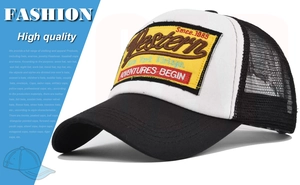 Close-up of Western embroidery patch on vintage mesh trucker baseball cap