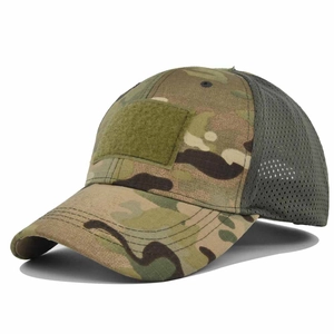 Detail of tactical camouflage cap featuring front velcro patch and breathable mesh back