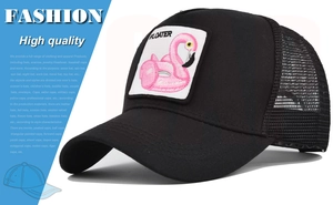 Detail of pink flamingo embroidery and Floater text on a black mesh trucker cap
