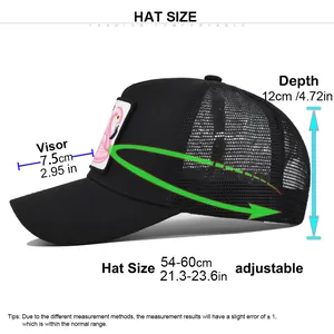 Size chart showing adjustable trucker hat dimensions with visor and depth details