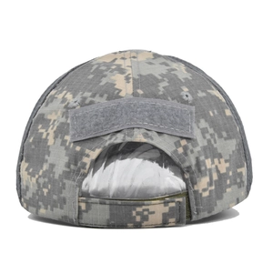 Digital camouflage tactical cap back view showing adjustable Velcro strap and patch area