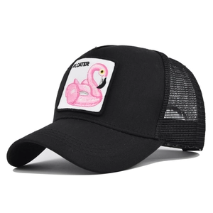 Detail of black trucker hat mesh back and flamingo floater embroidered patch decoration