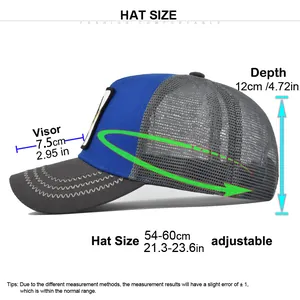 Detailed size chart for adjustable trucker hat showing dimensions 54-60cm with visor length