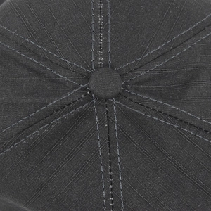 Close-up of a dark grey 6-panel baseball cap showing fine twill texture and top button detail