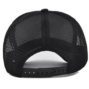 Rear view of black mesh trucker hat showing breathable texture and adjustable snapback closure