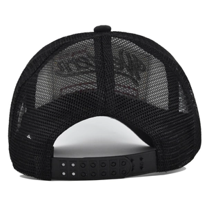 Adjustable snapback closure and breathable mesh back of this black western trucker hat
