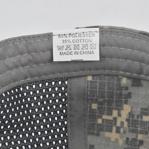 Detail view of tactical camouflage cap lining with 65% polyester and 35% cotton wash label