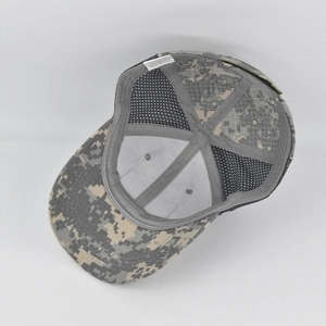 Detail view of digital camo tactical hat with mesh panels and 65/35 poly-cotton blend fabric