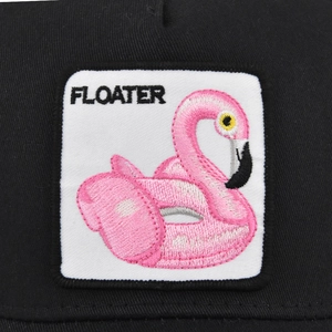 Black baseball cap featuring a square Floater flamingo embroidery patch on the front