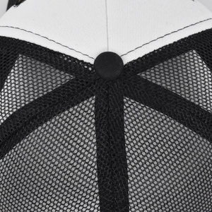 Macro detail of breathable mesh fabric and top button on a black and white trucker hat