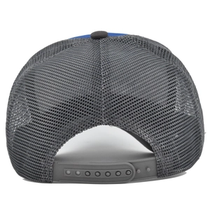 Close-up of breathable grey mesh and adjustable plastic snapback closure on baseball cap