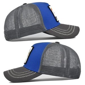 Detail of blue and grey trucker hat with bird embroidery and wave stitching