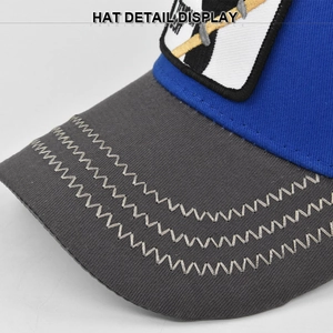 Detail display of zigzag stitching on grey brim and blue baseball cap with embroidery