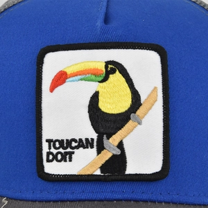 Royal blue baseball cap with toucan embroidery patch and Toucan Doit text detail