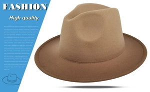Detailed close-up showing the camel wool felt fedora texture and fine stitched brim