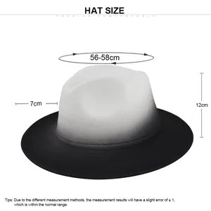 Size chart for black and white gradient wool fedora hat with specific measurements