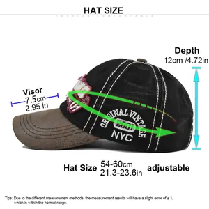 Tableau des tailles pour casquette vintage en coton délavé avec broderie NYC