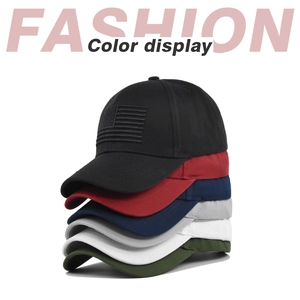Vertical stack of six colorful baseball caps showing tactical American flag embroidery