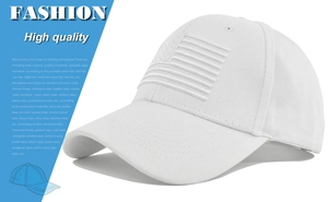 Close-up of premium 3D American flag embroidery on a white cotton baseball cap