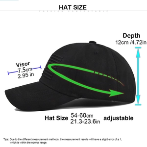 Detailed size chart of the black baseball cap showing 7.5cm visor and 12cm depth
