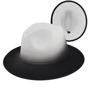 Detail view of the black and white gradient wool felt fedora hat with wide brim design