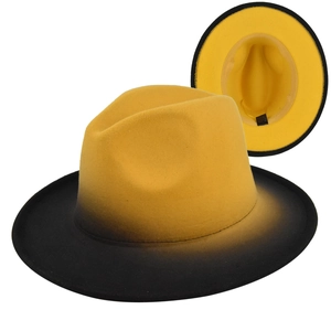 Detail view of the fedora hat interior showing the yellow lining and black sweatband