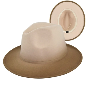 Detail view of a vintage gradient fedora hat featuring a wide brim and internal adjustable strap
