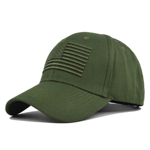 Detailed close-up of army green baseball cap with 3D American flag embroidery