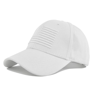 Close-up of white baseball cap featuring 3D embroidered American flag and cotton texture