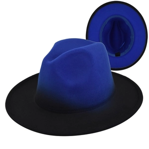 Detail of royal blue gradient fedora hat showing the wide brim and inner adjustable strap