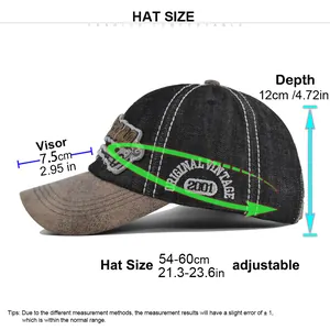 Detailed size chart for vintage denim baseball cap showing 54-60cm adjustable circumference