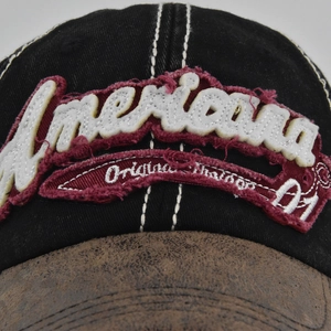 Casquette de baseball vintage Americana en coton noir délavé et similicuir marron vieilli