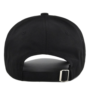 Detail view of black baseball cap with adjustable metal buckle and durable cotton canvas